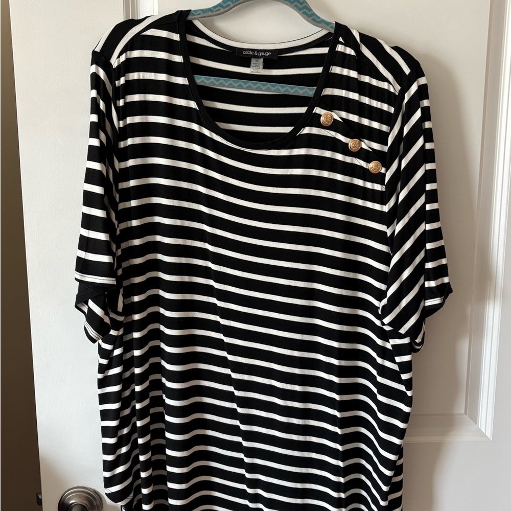 Cato & Co. Black and White Striped Button Accent Tee
